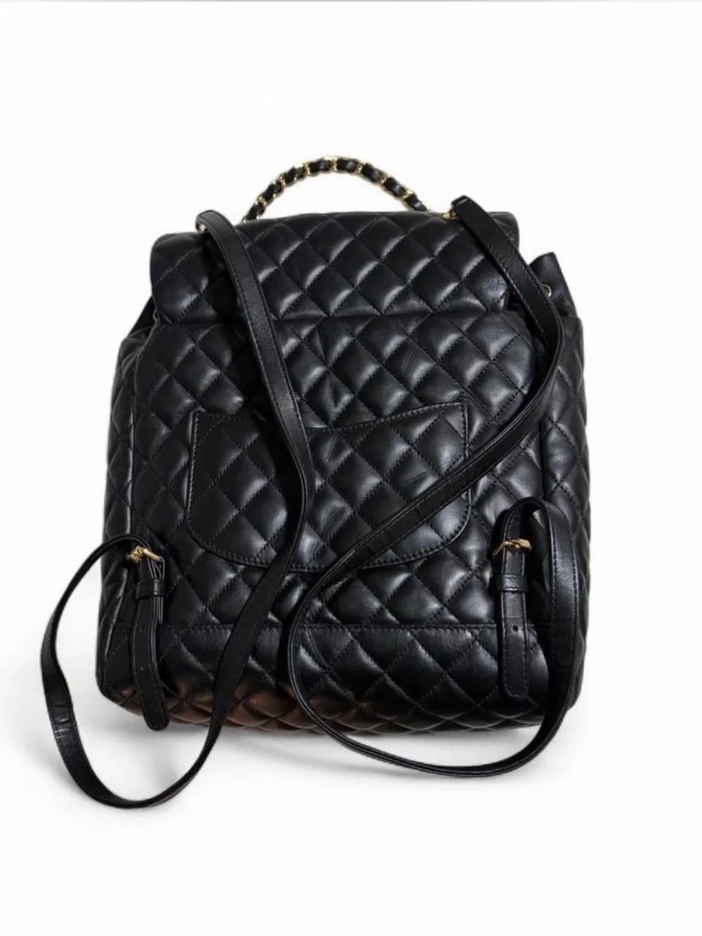 Classic Quilted Black Leather Backpack with Gold Hardware
